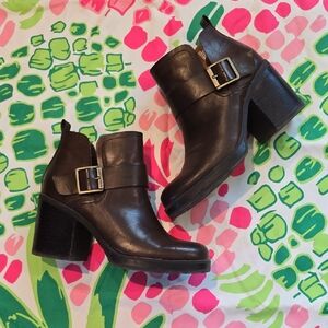 Korks Women’s Dark Brown Leather Block Heel Ankle Boots with Buckle